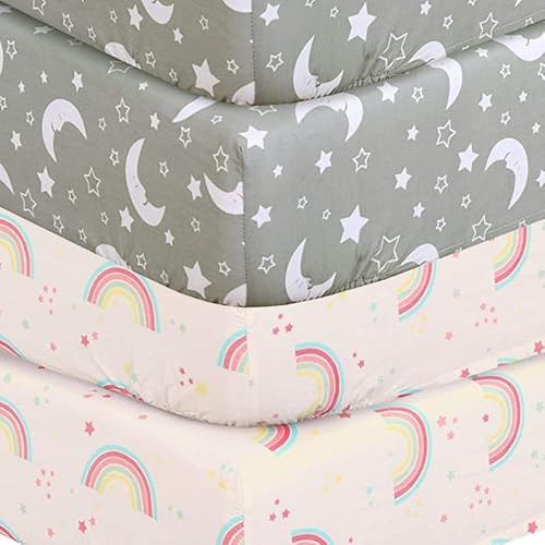 DTEX HOMES 4 x Cot Bed Fitted Sheets 100% Cotton 200 Thread Count Luxury Cot Sheets, Cot Bed 60 x 120 CM -Rainbow-Sleeping Moon