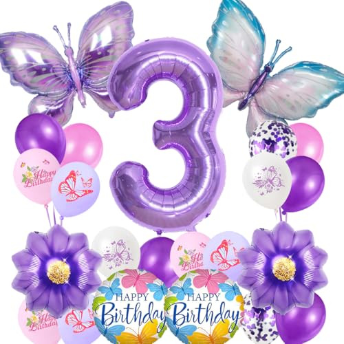 Schmetterling Ballon 3. Geburtstagsdeko Mädchen,Geburtstag Mädchen 3 Jahre,Luftballons Geburtstag Mädchen,Lila Schmetterling Folienballon,Geburtstagdeko Party Dekoration