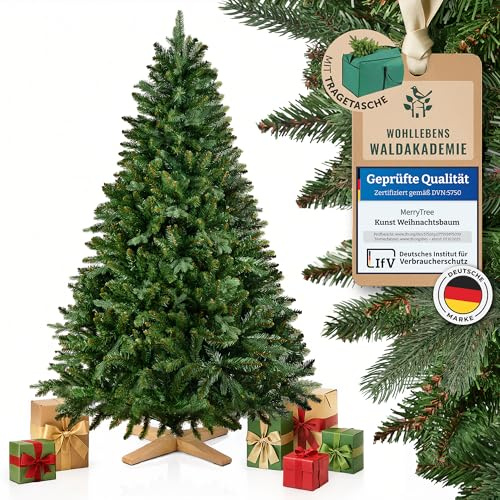 MerryTree Premium künstlicher Weihnachtsbaum 180 cm - großer Weihnachtsbaum Spritzguss Mix aus naturgetreuem PVC + PE - mit massivem Holzfuß - schwer entflammbar - Tannenbaum künstlich - Nordmanntanne
