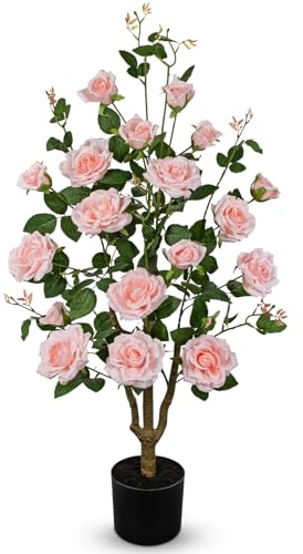 Briful 3Ft Artificial Rose Tree in Pot Pink Artificial Flowers Home Decor | 100 CM Tall Fake Roses Tree in Black Pot Silk Rose Faux Flower for Living Room, Porch, Office & Hotel Decor