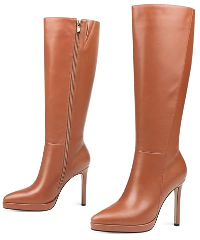 COLETER Women's Knee High Boots Stiletto Pointed Toe Side Zipper Long Boots Fall Sexy Wedding Dress Boots Brown 9.5US