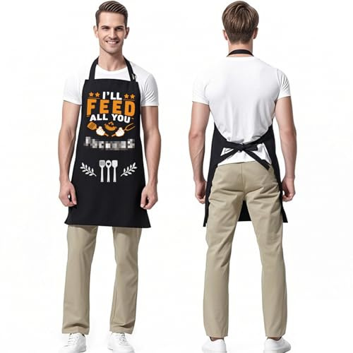Tarklanda BBQ Grill Apron for Men, Funny Runde Cooking Aprons, Adjustable Chef Apron, Birthday, Gifts for Husband, Dad, Son, Boyfriend, Grandad, Grandpa(I'll Feed All You)