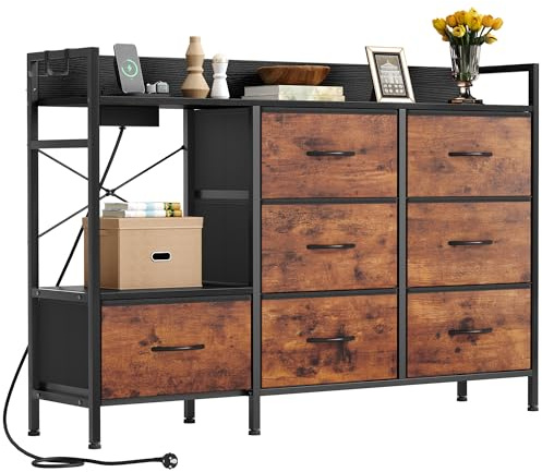 YITAHOME Chest of Drawers Bedroom with 7 Fabric Drawers,Dresser with 2 Sockets 2 USB Ports,TV Cabinet with Side Hooks,Rustic Brown