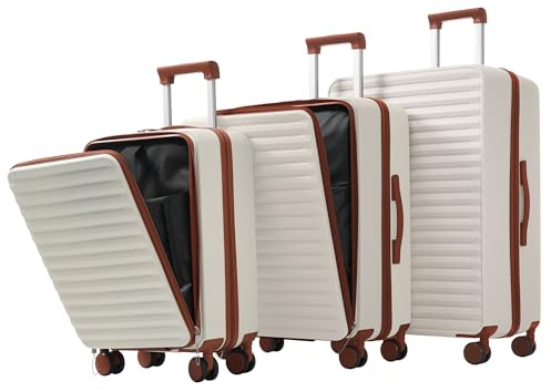 phosir Koffer Set 20 24 28 Zoll 3-teilig, Hartschalenkoffer mit Front-Öffnung, klappbarem Getränkehalter, TSA Zahlenschloss, 360° Lenkrollen, Retro-Weiß