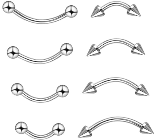 HaiFafafaing 8pcs Eyebrow Piercing Jewelry 16g Vertical Labret Lip Jewelry Surgical Steel Curved Barbell Silver Eyebrow Rings Rook Piercing Jewelrys Helix Conch Daith Earrings for Women Men