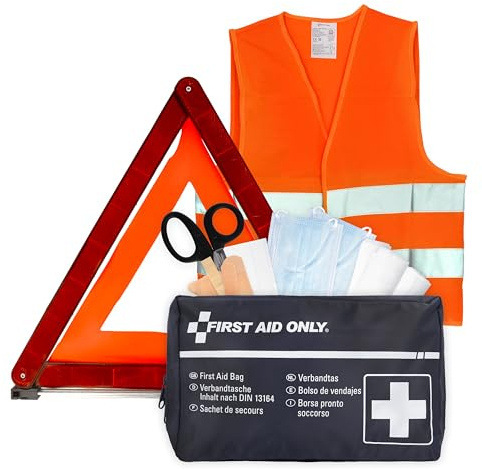 First Aid Only Kfz Verbandtasche DIN 13164 | Warndreieck nach ECE R27 | Warnweste Orange, Sicherheitsweste EN ISO 20471:2013 | Auto Pannenset
