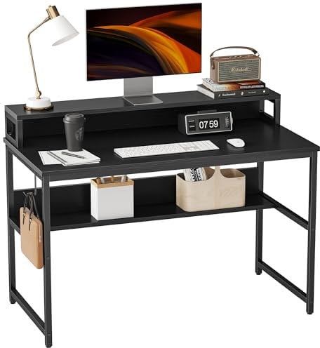 Cubiker Computer Home Office Desk, gaming desk 120 x 60 cm Small Desk Table with Storage Shelf and Bookshelf, Study Writing Table Modern Simple Style Space Saving Design, Black