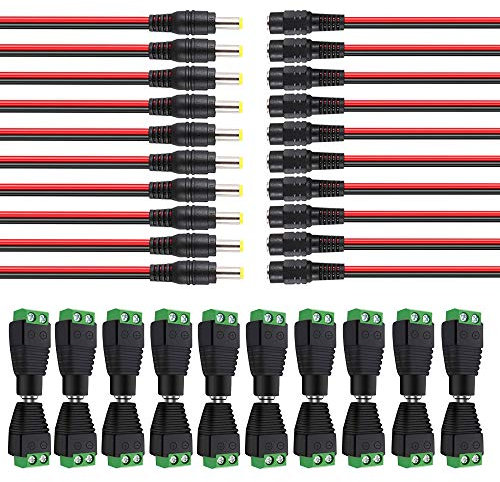 Aiqeer 5.5 X 2.1 mm DC Stecker Verbinder Set, 10 Paare 12V / 24V DC Power Adapter Terminalblock und 10 Paare DC Power Pigtail Kabel