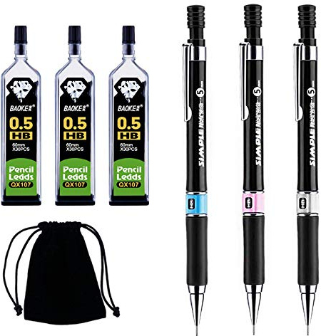Druckbleistift-Set, 0,5 mm, automatischer Bleistift, schwarz, Druckbleistifte, Minenminen, HB-Bleistift-Nachfüllungen, Clutch-Bleistift mit schwarzem Samtbeutel für Kunst, Zeichnen, Schreiben,