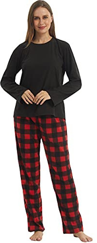 YUSHOW Pyjama Femme en Polaire Ensemble Pijamas Manches Longues Pantalon à Carreaux 2 Pièce Vêtements de Nuit Sleepwear Pjs Set pour Hiver,Noir-noël À Carreaux,S