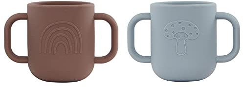 OYOY Kappu Cup - Pack of 2 - Trinkbecher mit zwei Henkeln für Babys und Kleinkinder - Kinderbecher in Blau (Dusty Blue/Choko) aus Silikon - H7,5 cm x L11 cm x B6,5 cm - M107081