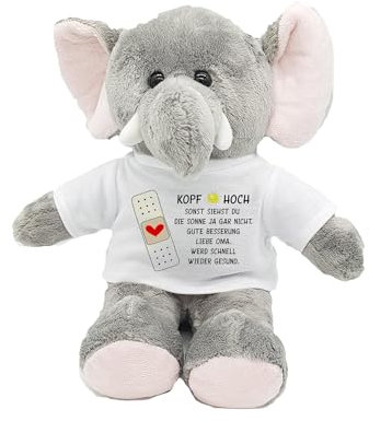 Kilala Kuscheltier Elefant, T-Shirt mit Aufdruck Kopf hoch, personalisiert mit Wunschname, Geschenk zur Genesung oder als Talisman, 21 cm groß