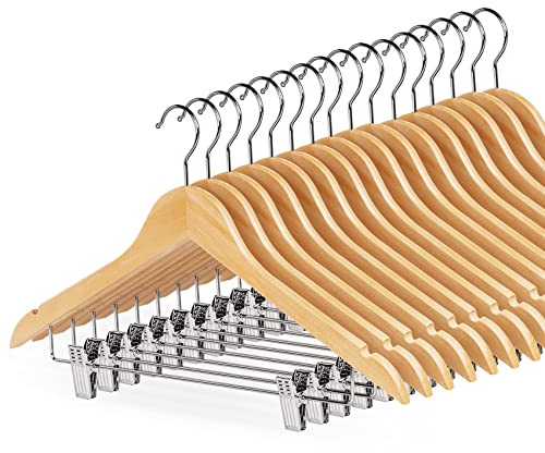 HOUÍSM 16 Stück Holz-Kleiderbügel Rockbügel mit Clips, Massivholz-Hosenbügel, natürliche, Glatte Oberfläche, hochwertige ausgewählte Holzbügel mit stabilen Metallclips für Bluse, Kleid, Mantel, Jacke