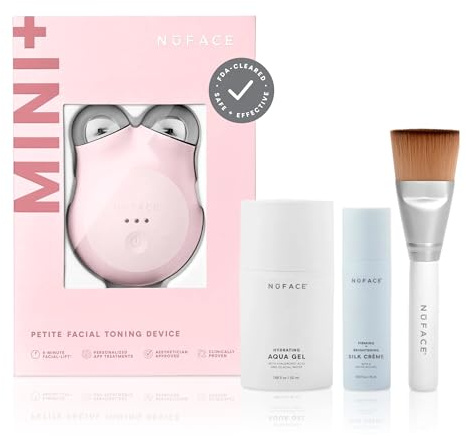 NuFACE MINI+ Microcurrent Facial Device Kit - FDA Cleared Face Sculpting & Skin Tightening Device to Contour, Lift & Tone + Microcurrent Gel Activator & Silk Creme - Sandy Rose