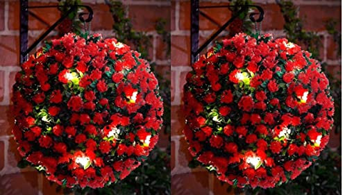 Siam Express 28cm Solar Powered 20 Warm White LED Rose Round Topiary Garden Outdoor Ball Sphere Dual Function Artificial Boxwood Hanging Lights Auto On At Dusk (2 x Red Topiary Ball)