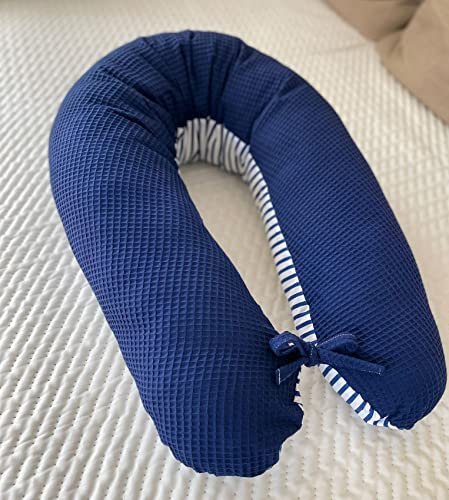 LOOLAY Schwangerschaftskissen - Stillkissen 170 cm - Seitenschläferkissen 100% Baumwolle - mit Abnehmbarem Bezug - Ergonomisches Schwanger Kissen für Schlafen (Waffel Dunkelblau/Streifen Blau-Weiß)