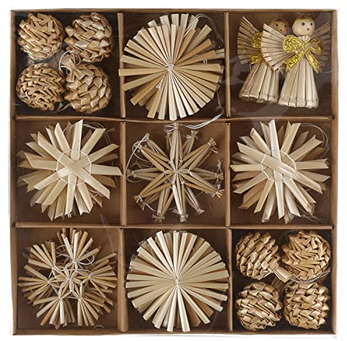 Strohsterne Strohschmuck 32er Set 9 Motive │ Ø 6 cm Stroh Aufhänger │ Stern Engel Kugel │ Christbaumschmuck Weihnachtsdekoration Baumschmuck (1 x 32er Set Strohsterne)