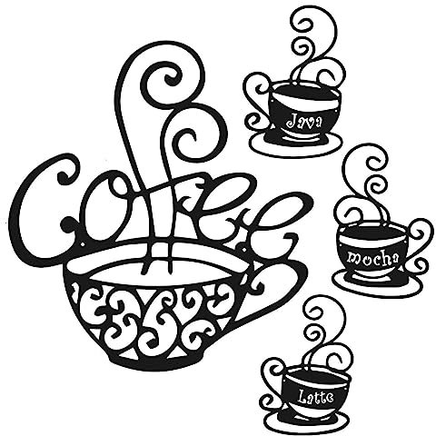 FENGFEI Coffee Metal Wall Art - Hollow Coffee Cup Metal Wall Art, Wire Coffee Wall Sign Wire Coffee Cat Sign Wire Wall Decor For Kitchen Restaurant Shop Decors Accessories
