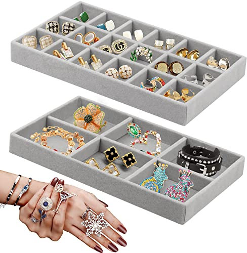 Huanmin 2 Stück Schmucktablett Samt Schmuckaufbewahrung Aufnehmbar Schmuck Organizer Schublade Stapelbar Schmuckkästchen ersetzt für Halsketten&Armbänder&Ohrringe&Ringe&Uhren –Grau (C)