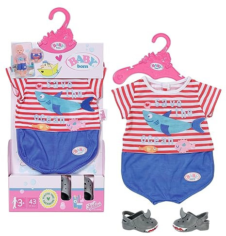 Baby born Bath Pyjamas with Shoes Blue 834268 - Accessories for Dolls up to 43cm - Features Shark-Themed Print & Matching Slippers - Ideal for Baby born Bathtub - Suitable for Kids from 3+