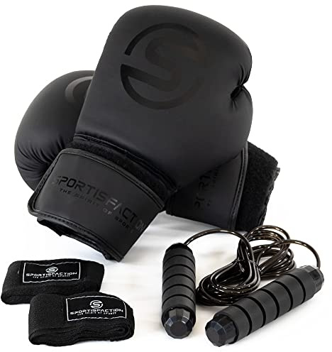 Sportisfaction Boxhandschuhe 14oz mit Bandagen und Springseil aus PU-Leder