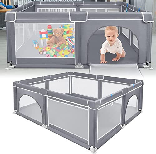 LZQ Baby Laufgitter Laufstall große Grau Absperrgitter mit stabilem Saugnapf, Transparent Spielzaun und Stabiler Atmungsaktiv Schutzgitter Sicherheitsspielplatz für Kindern (200x180x68cm)