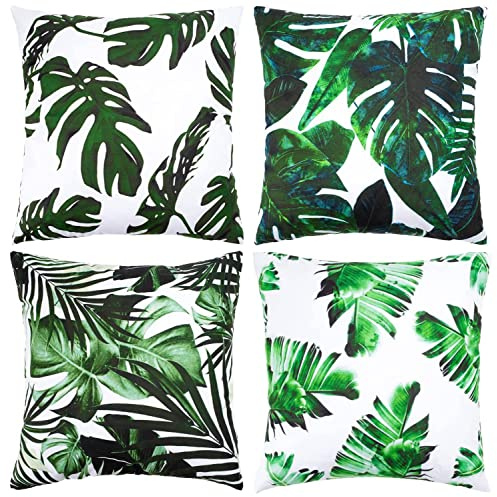 Yikki Set of 4 Cushion Covers 18x18 Inch, Waterproof Outdoor Cushion Covers | Tropical Leaves Pillow Cases, 45 x 45cm Decorative Thorw Pillow Covers, Sofa Pillowcases for Bedroom Office Car Home Decor