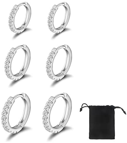 SJBAUTYO 3 Paar Kleine Creolen für Damen, Hypoallergen, Klein Schlafen Ohrringe mit AAA Zirkonia, Silber Kreolen Ohrringe Set in 8, 10, 12mm