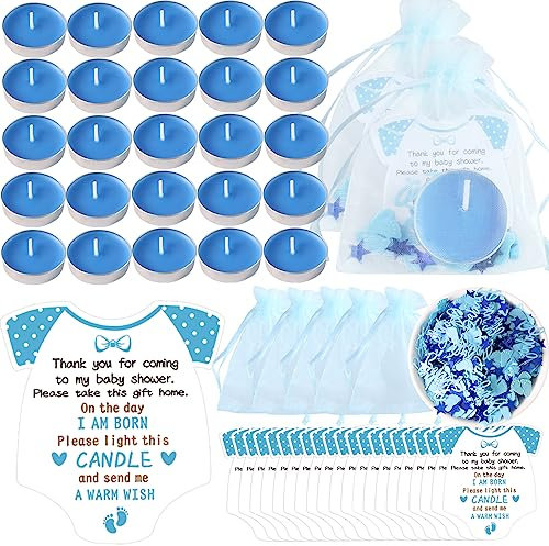 50 Sets Blue Baby Shower Favors Tea Light Candles for Guest Cute Boy Baby Shower Party Favors Gifts with Thank Cards Gender Reveal Party Favors