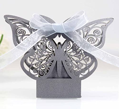 Wambere 50 Stück Schmetterling Süßigkeiten Schachtel für Hochzeit Taufe Gastgeschenk Geschenkbox Kartonage Schachtel Tischdeko Bonboniere Box,Kinder Party süße Boxen,Hochzeit Dekoration,Grau
