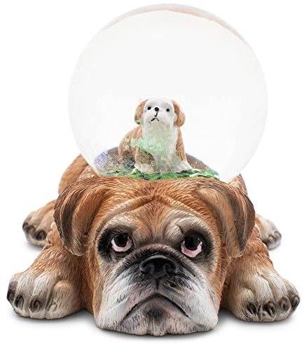 Elanze Designs Englische Bulldogge Mutter und Baby, Miniatur, 45 mm, stabiles Polyresin, magisch, skurril, Tischkommode, Nachttisch, Glitzer, Wasser-Schneekugel, Dekoration