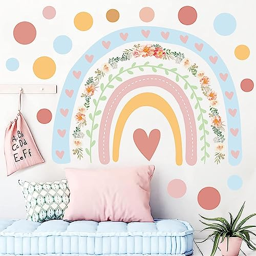 Tanlaby Großer Regenbogen Wandtattoo Bunte Regenbogen Blumen Wandsticker Boho Punkte Wandaufkleberr für Mädchen Babyzimmer Wohnzimmer Schlafzimmer Kinderzimmer Hause Wanddekorationn