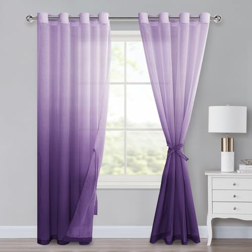 XWZO Voile Gardinen mit Ösen Vorhänge Farbverlauf Vorhang Sheer Ombre Gardinen 2 er Set für Schlafzimmer und Wohnzimmer Schlaufengardinen mit Raffhalter 245 x 140cm (H x B) Lila