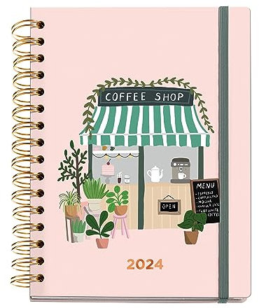 Miquelrius – Jahreskalender 2024 für Kaffeeliebhaber, Wochenansicht, Übergröße 155 x 213 mm (ähnlich A5), starrer Einband, Spiralbindung, Gummiverschluss, mehrsprachig, Coffee Shop Pink