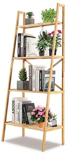 SFAREST Ladder Shelf, 4/6 Tiers Wooden Storage Rack with Footpads, Home Office Display Bookshelf Plant Stand for Living Room Bedroom Kitchen (60 x 35 x 148 cm, Natural)