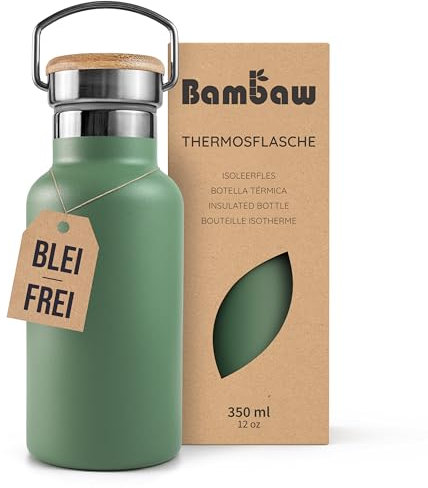 Bambaw 350ml Insulated Stainless Steel Water Bottle, Double Wall, Hot 12 Hours, Cold 24 Hours, Green, Solid, Screw Cap, Thermos