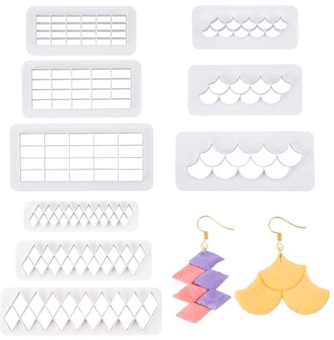 BENECREAT 9 Pcs 3 Styles Plastic Clay Cutters,White Rhombus Fish Scale Rectangular Cutting Moulds, Checker Board Maker Clay Tool for Making Clay Jewerlry Earrings