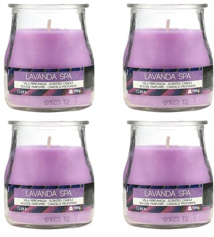 Set de 4 Candele Profumate Lavanda, Candele Profumate in Vetro, 24 Ore di Combustione