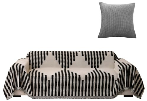 SHANNA Sofa Decke üBerwurf, Multifunktionaler Couch üBerwurf, Weicher und Bequemer Tagesdecke Sofa, Gestreifte SofaüBerwurf Decke, Sofaschutzbezug (180 x 340 cm, Schwarz Gestreift)