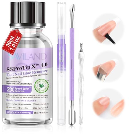 SAVILAND Nail Glue Remover Kit: Gentle Removal False Nail Remover for Press on & False Nails with Cuticle Oil Pen Cuticle Pusher Nail Fork Castor Oil & Vitamin E 30ml Nail Remover Essential Tools