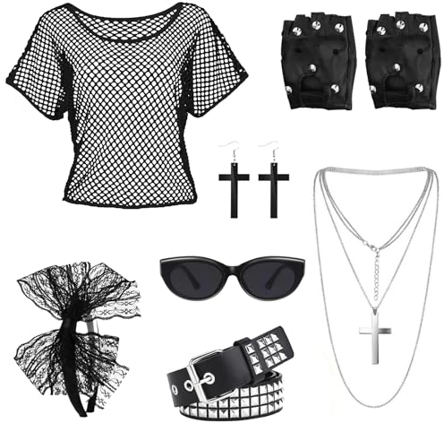 Boyigog 80er Jahre Outfit Accessoires Damen Party Kleidung Set, Schwarze Spitze Headband mit Fliege, Kreuz Kette Schwarze Ohrringe und Silberne Halskette, Nietengürtel und Handschuhe, Sonnenbrille