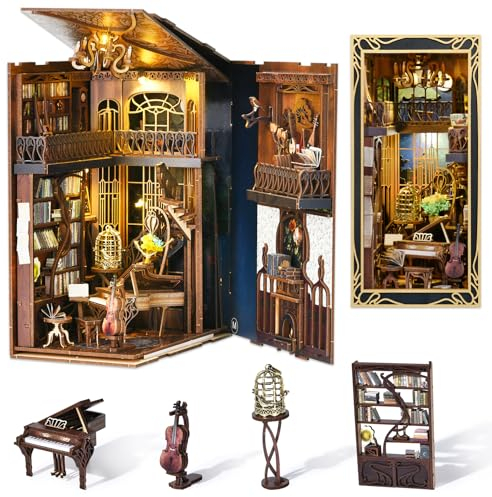MiniCity DIY Book Nook Kit, Miniatur Puppenhaus Booknook Kit, 3D Holz Puzzle Buchstütze Bücherregal einfügen Dekor für Jugendliche und Erwachsene (Pianist with Nightingale)
