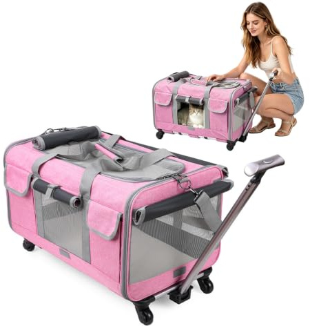 PETCUTE Transporttasche für Katze mit Rollen,Atmungsaktiv Katzen Transporttasche für 2 Katzen,Faltbarer Katzentransportbox Hundetragetasche mit Teleskopgriff,Herausnehmbare Matte, ideal für Reisen