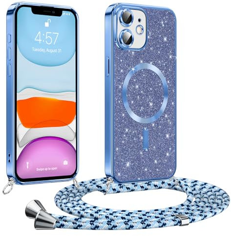 Phoona handyband Hülle für iPhone 11 mit Band, Glitzer Handyhülle Kompatibel mit MagSafe, Ganzkörperschutz Kratzfeste Stossfest Schutzhülle mit Einstellbar Kette, Blau