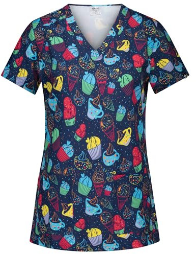 B-well Isabella Casacas Sanitarias Mujer con Elastano e Diseño, Manga Corta Cuello V para Enfermeras, Dentistas, Médicos, Estudiantes y Veterinarios, Cupcakes, XL