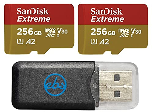 SanDisk Lot de 2 cartes micro SD Extreme 256 Go pour drone DJI FPV (SDSQXAV-256G-GN6MN) V30 A2 UHS-I U3 Classe 10 4K SDXC avec 1 lecteur de carte mémoire Everything But Stromboli MicroSDXC
