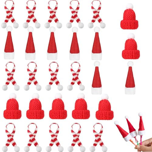 ARROMI 28 Stück Kleine Weihnachtsmützen, Weihnachtsmütze, Nikolausmütze, Mini Weihnachtsschal, Nikolausmütze Mini Set, Kleine Nikolausmützen Weihnachten Weinflasche Abdeckung für Weihnachten, Party