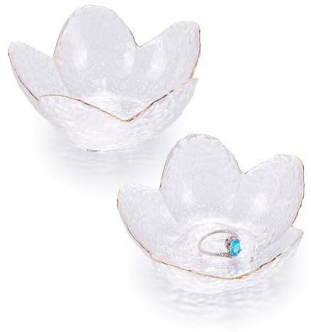 nbeads 2 Stk. Kleines Glas Trinket Tray, BLUMENNn Ring Schale Schmuck Tablett Klarer Kristall-Schmuck-Schale für Ringe Ohrringe Schmuck Uhren Schlüssel Salat, 9×8.8×4.1cm