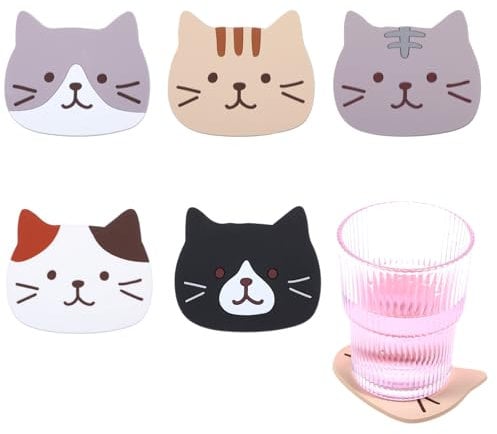 AOZUO 5 Stück Silikon Katze Untersetzer, Untersetzer Gläser Silikon Topf Untersetzer, rutschfest Hitzebeständige Glas Untersetzer für Tisch Schreibtisch Büro Getränke Möbelschutz Küche