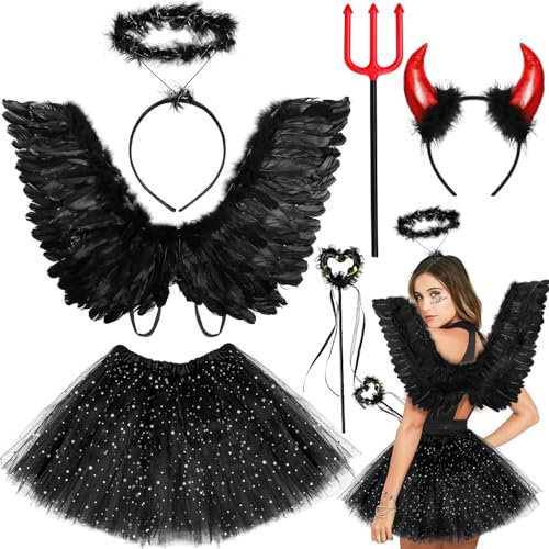 iZoeL Deguisement Diable Femme Déguisement Ange Femme Deguisement Carnaval Costume Carnaval, Ailes Noires Aile Demon Adulte Corne Diable Aureole Ange Noir Fourche Diable Tutu Serre Tete Diable Ange